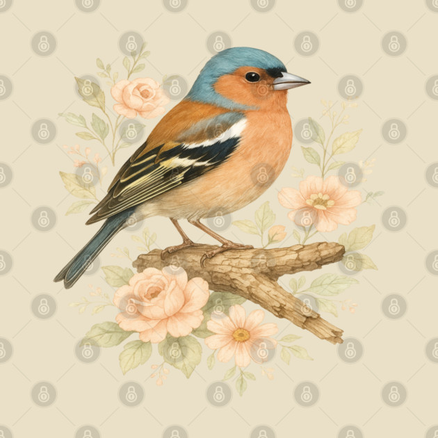 Common Chaffinch with Blossoms in Botanical Art by BirdsnStuff