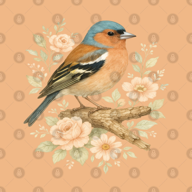 Common Chaffinch with Blossoms in Botanical Art by BirdsnStuff