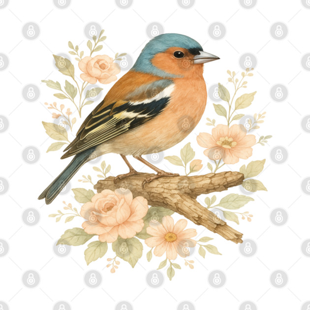 Common Chaffinch with Blossoms in Botanical Art by BirdsnStuff