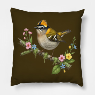Common Firecrest Bird on Botanical Branch Nature Art Pillow