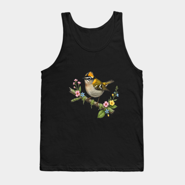 Common Firecrest Bird on Botanical Branch Nature Art Tank Top by BirdsnStuff