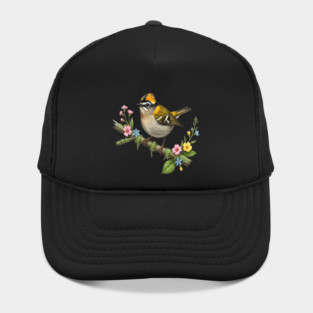 Common Firecrest Bird on Botanical Branch Nature Art Hat