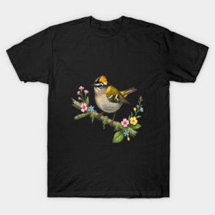 Common Firecrest Bird on Botanical Branch Nature Art T-Shirt