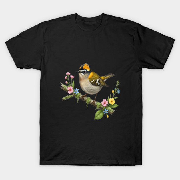 Common Firecrest Bird on Botanical Branch Nature Art T-Shirt by BirdsnStuff