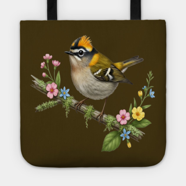 Common Firecrest Bird on Botanical Branch Nature Art Tote by BirdsnStuff