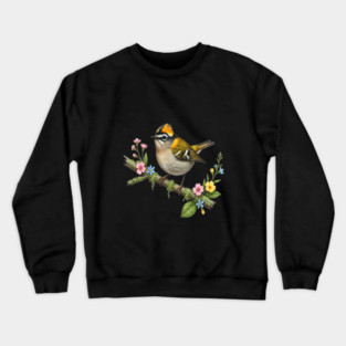 Common Firecrest Bird on Botanical Branch Nature Art Crewneck Sweatshirt