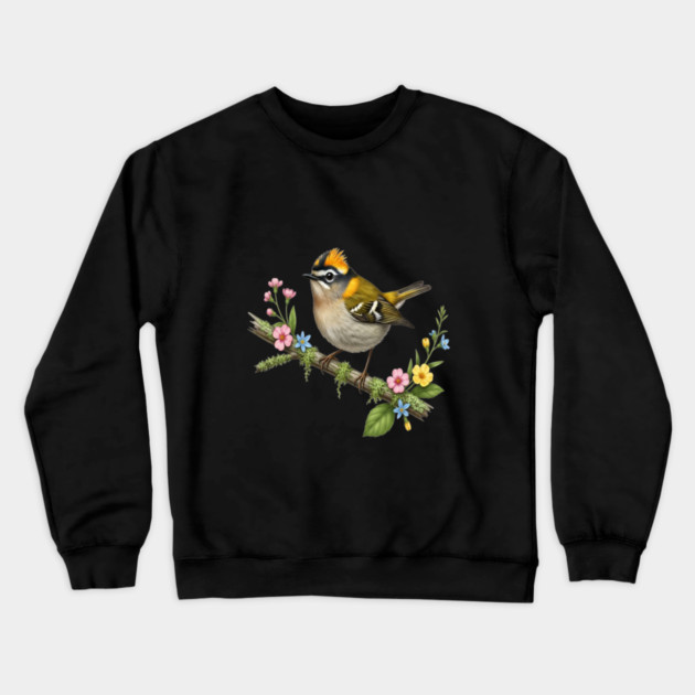 Common Firecrest Bird on Botanical Branch Nature Art Crewneck Sweatshirt by BirdsnStuff