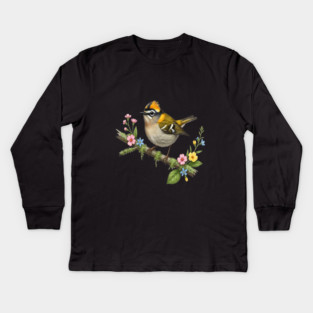 Common Firecrest Bird on Botanical Branch Nature Art Kids Long Sleeve T-Shirt