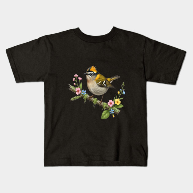 Common Firecrest Bird on Botanical Branch Nature Art Kids T-Shirt by BirdsnStuff