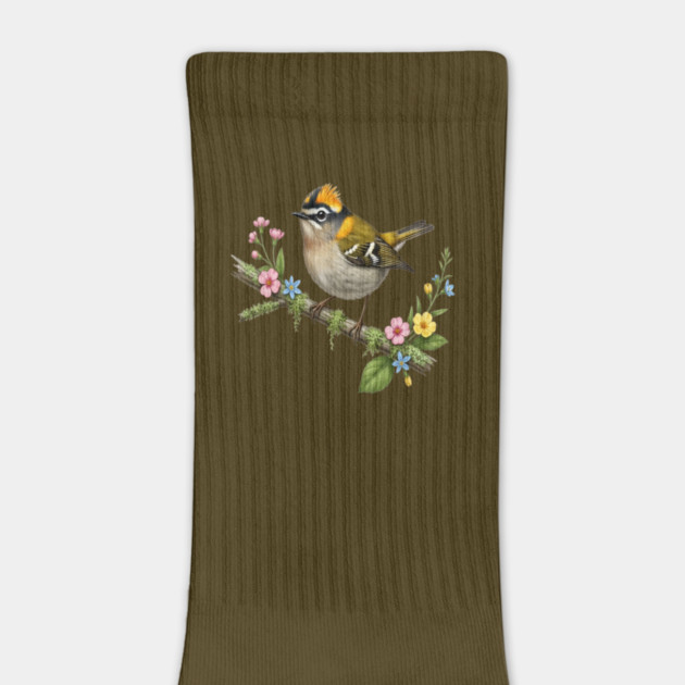 Common Firecrest Bird on Botanical Branch Nature Art by BirdsnStuff