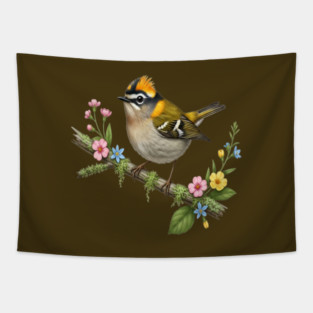 Common Firecrest Bird on Botanical Branch Nature Art Tapestry