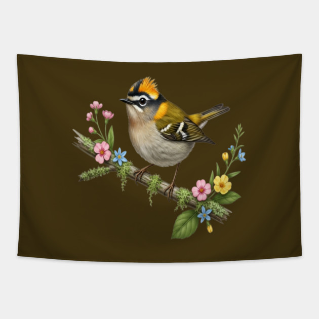 Common Firecrest Bird on Botanical Branch Nature Art Tapestry by BirdsnStuff