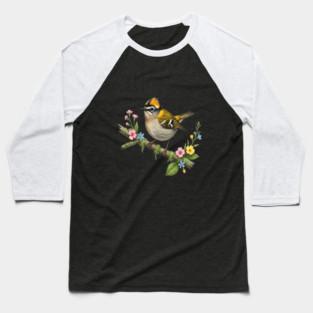 Common Firecrest Bird on Botanical Branch Nature Art Baseball T-Shirt