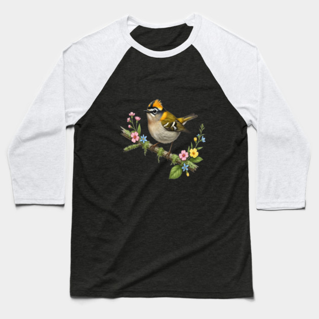 Common Firecrest Bird on Botanical Branch Nature Art Baseball T-Shirt by BirdsnStuff