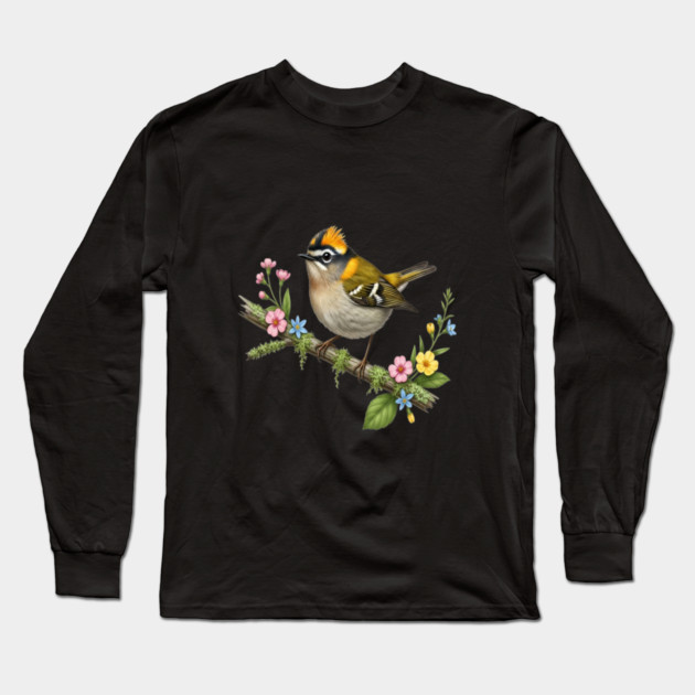 Common Firecrest Bird on Botanical Branch Nature Art Long Sleeve T-Shirt by BirdsnStuff