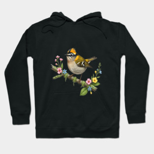 Common Firecrest Bird on Botanical Branch Nature Art Hoodie
