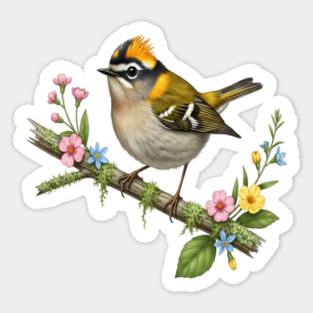 Common Firecrest Bird on Botanical Branch Nature Art Sticker