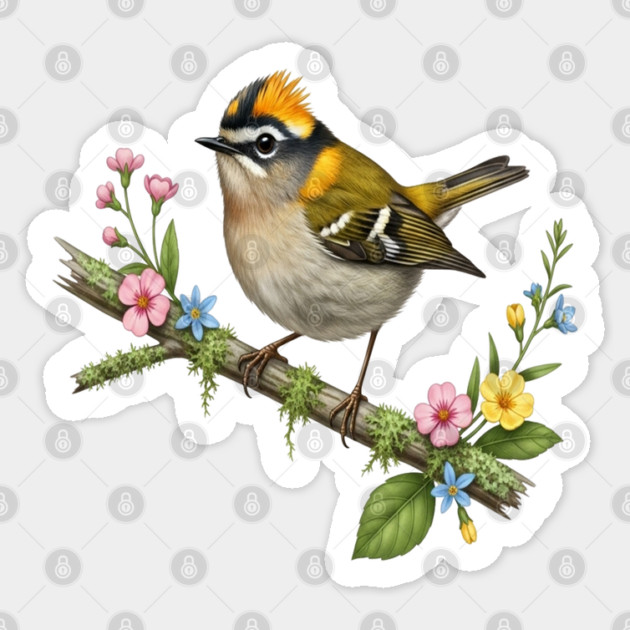 Common Firecrest Bird on Botanical Branch Nature Art Sticker by BirdsnStuff