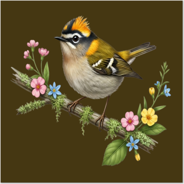 Common Firecrest Bird on Botanical Branch Nature Art Wall Art by BirdsnStuff