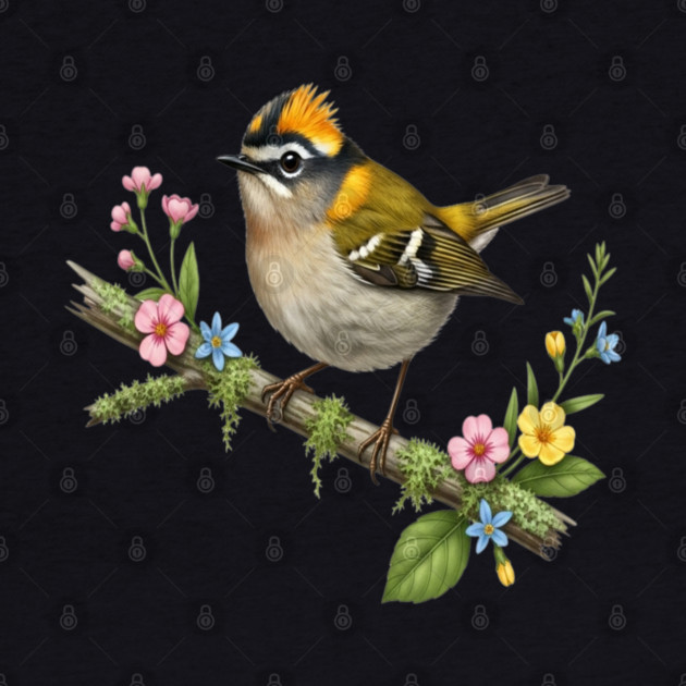 Common Firecrest Bird on Botanical Branch Nature Art by BirdsnStuff