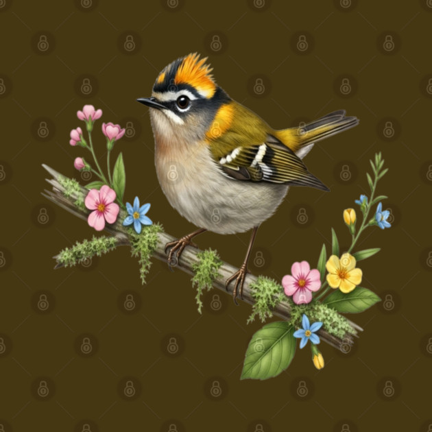 Common Firecrest Bird on Botanical Branch Nature Art by BirdsnStuff