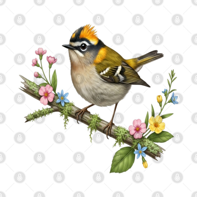 Common Firecrest Bird on Botanical Branch Nature Art by BirdsnStuff