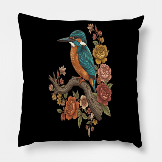 Common Kingfisher on Rustic Vintage Floral Branch Pillow by BirdsnStuff