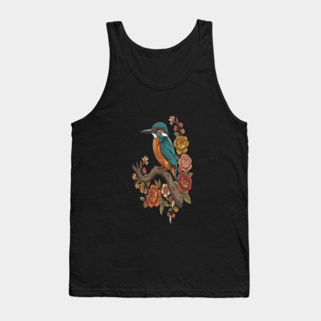 Common Kingfisher on Rustic Vintage Floral Branch Tank Top by BirdsnStuff