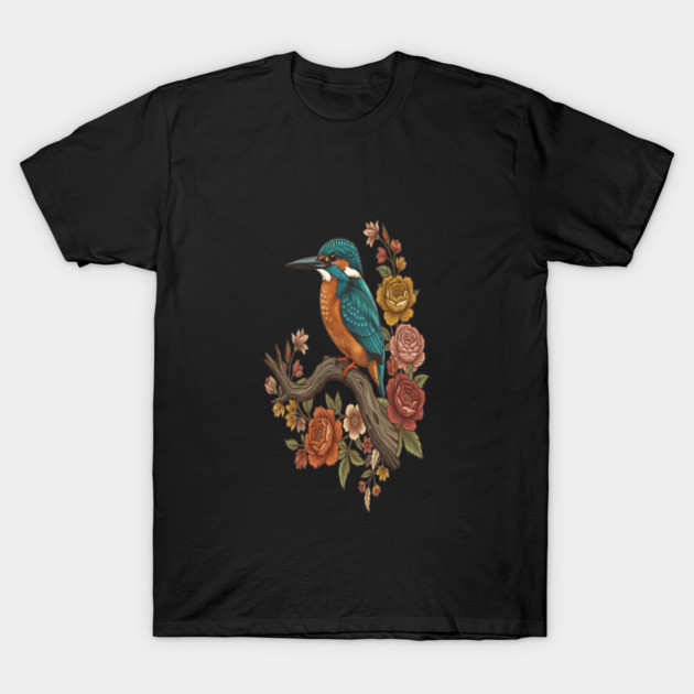 Common Kingfisher on Rustic Vintage Floral Branch T-Shirt by BirdsnStuff