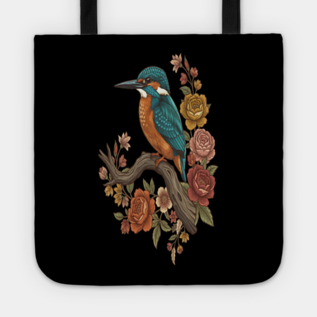 Common Kingfisher on Rustic Vintage Floral Branch Tote by BirdsnStuff