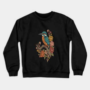 Common Kingfisher on Rustic Vintage Floral Branch Crewneck Sweatshirt