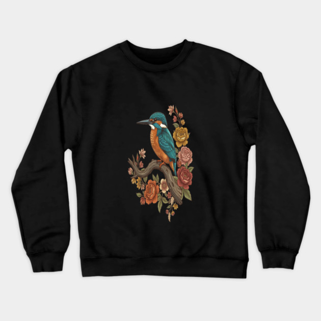 Common Kingfisher on Rustic Vintage Floral Branch Crewneck Sweatshirt by BirdsnStuff