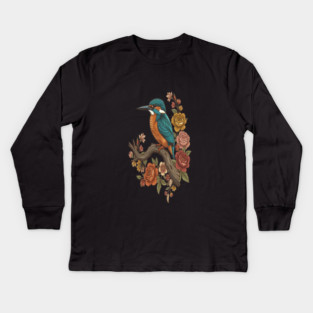 Common Kingfisher on Rustic Vintage Floral Branch Kids Long Sleeve T-Shirt