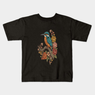 Common Kingfisher on Rustic Vintage Floral Branch Kids T-Shirt