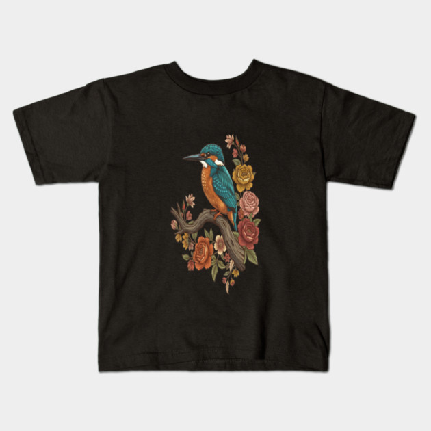 Common Kingfisher on Rustic Vintage Floral Branch Kids T-Shirt by BirdsnStuff