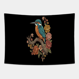 Common Kingfisher on Rustic Vintage Floral Branch Tapestry