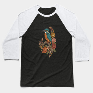 Common Kingfisher on Rustic Vintage Floral Branch Baseball T-Shirt