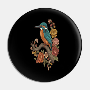 Common Kingfisher on Rustic Vintage Floral Branch Pin