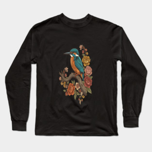 Common Kingfisher on Rustic Vintage Floral Branch Long Sleeve T-Shirt
