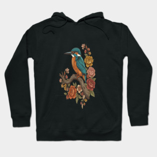 Common Kingfisher on Rustic Vintage Floral Branch Hoodie