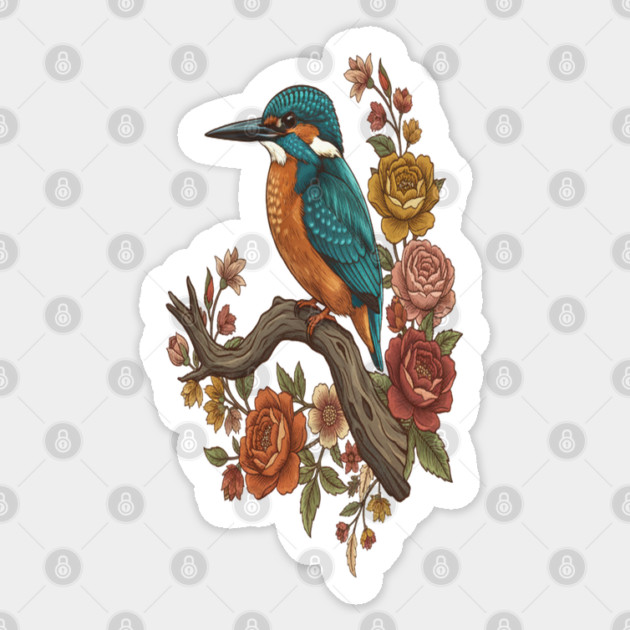 Common Kingfisher on Rustic Vintage Floral Branch Sticker by BirdsnStuff