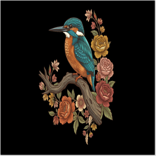Common Kingfisher on Rustic Vintage Floral Branch Wall Art by BirdsnStuff