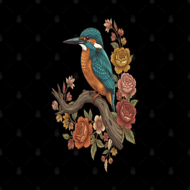 Common Kingfisher on Rustic Vintage Floral Branch by BirdsnStuff