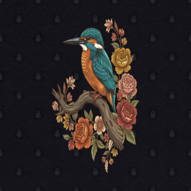 Common Kingfisher on Rustic Vintage Floral Branch by BirdsnStuff