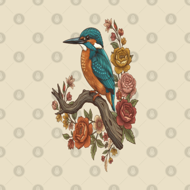 Common Kingfisher on Rustic Vintage Floral Branch by BirdsnStuff
