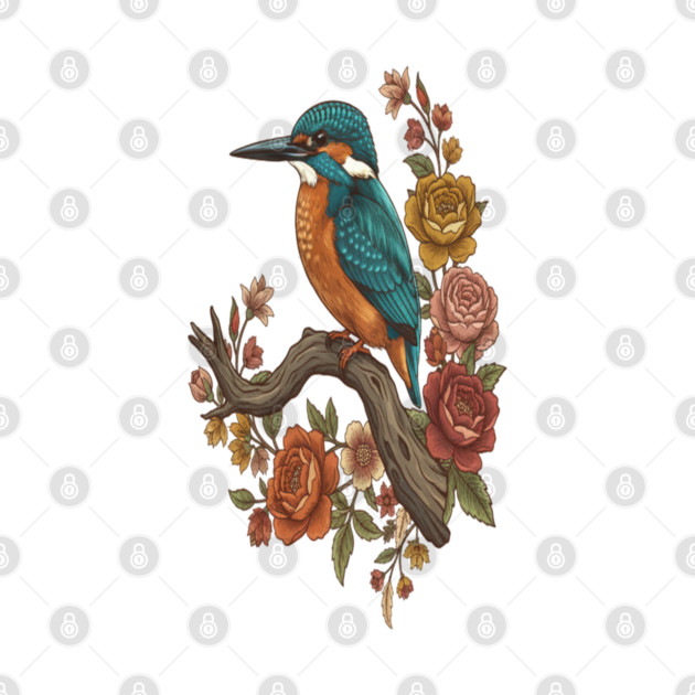 Common Kingfisher on Rustic Vintage Floral Branch by BirdsnStuff