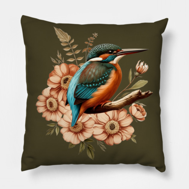Common Kingfisher with Vintage Rustic Autumn Florals Pillow by BirdsnStuff