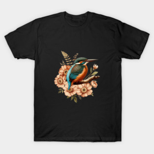 Common Kingfisher with Vintage Rustic Autumn Florals T-Shirt