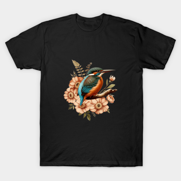 Common Kingfisher with Vintage Rustic Autumn Florals T-Shirt by BirdsnStuff