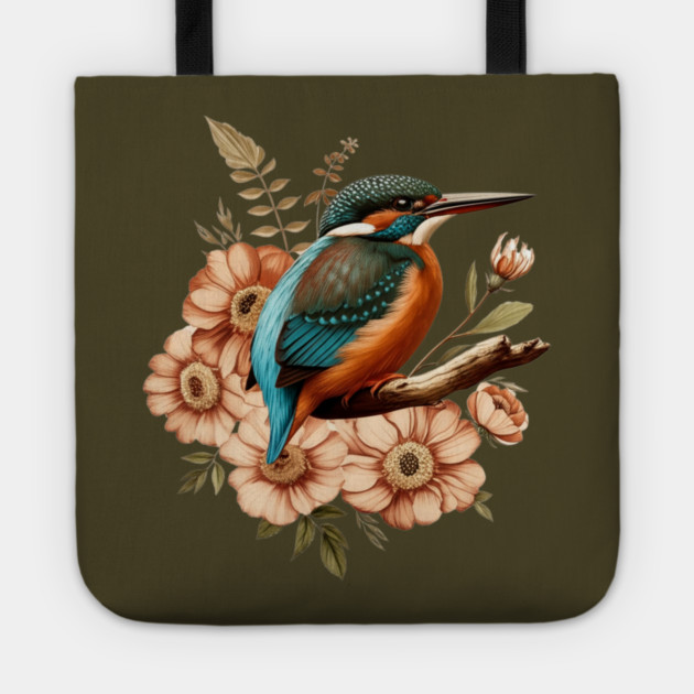 Common Kingfisher with Vintage Rustic Autumn Florals Tote by BirdsnStuff